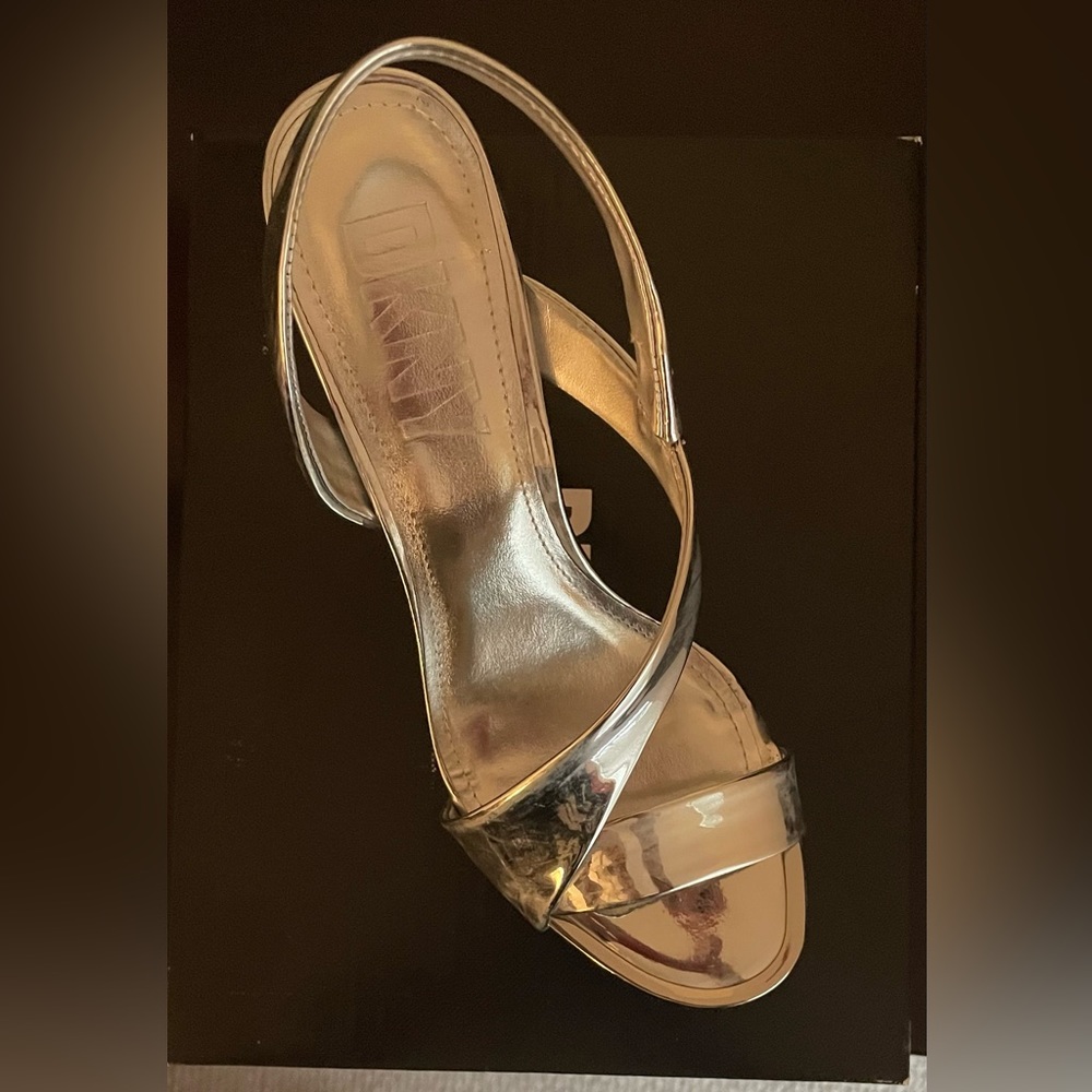 DKNY sliver leather sling back heel.